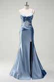 Sirène royale Spaghetti bretelles Satin Corset Robe de soirée longue avec fente