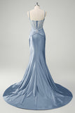 Sirène bleue spaghetti bretelles corset robe de Soirée appliquée