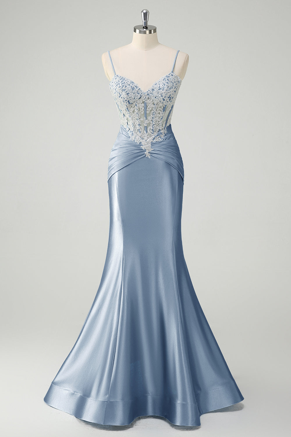 Sirène bleue spaghetti bretelles corset robe de Soirée appliquée