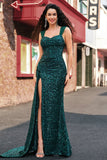 Robe de soirée longue plissée à sequins vert foncé scintillante avec fente sur la cuisse