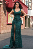 Robe de soirée longue plissée à sequins vert foncé scintillante avec fente sur la cuisse