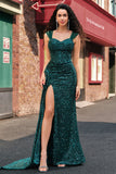 Robe de soirée longue plissée à sequins vert foncé scintillante avec fente sur la cuisse