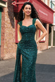 Robe de soirée longue plissée à sequins vert foncé scintillante avec fente sur la cuisse