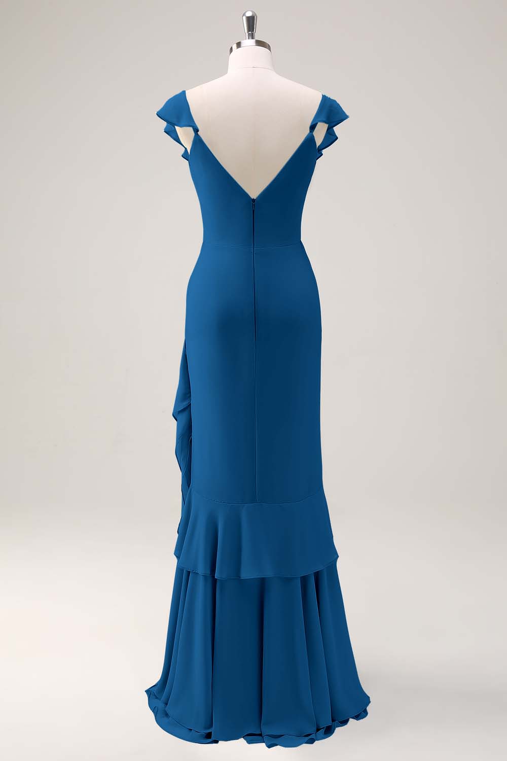 Dusty Sage Sirène Col V Long Dos Ouvert Robe de demoiselle d’honneur avec volants