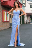 Robe de soirée sirène bleu clair à paillettes scintillantes et fente