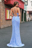 Robe de soirée sirène bleu clair à paillettes scintillantes et fente