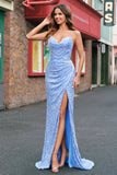 Robe de soirée sirène bleu clair scintillante à paillettes avec fente