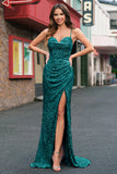 Robe de soirée sirène bleu clair à paillettes scintillantes et fente