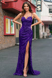 Robe de soirée sirène bleu clair à paillettes scintillantes et fente