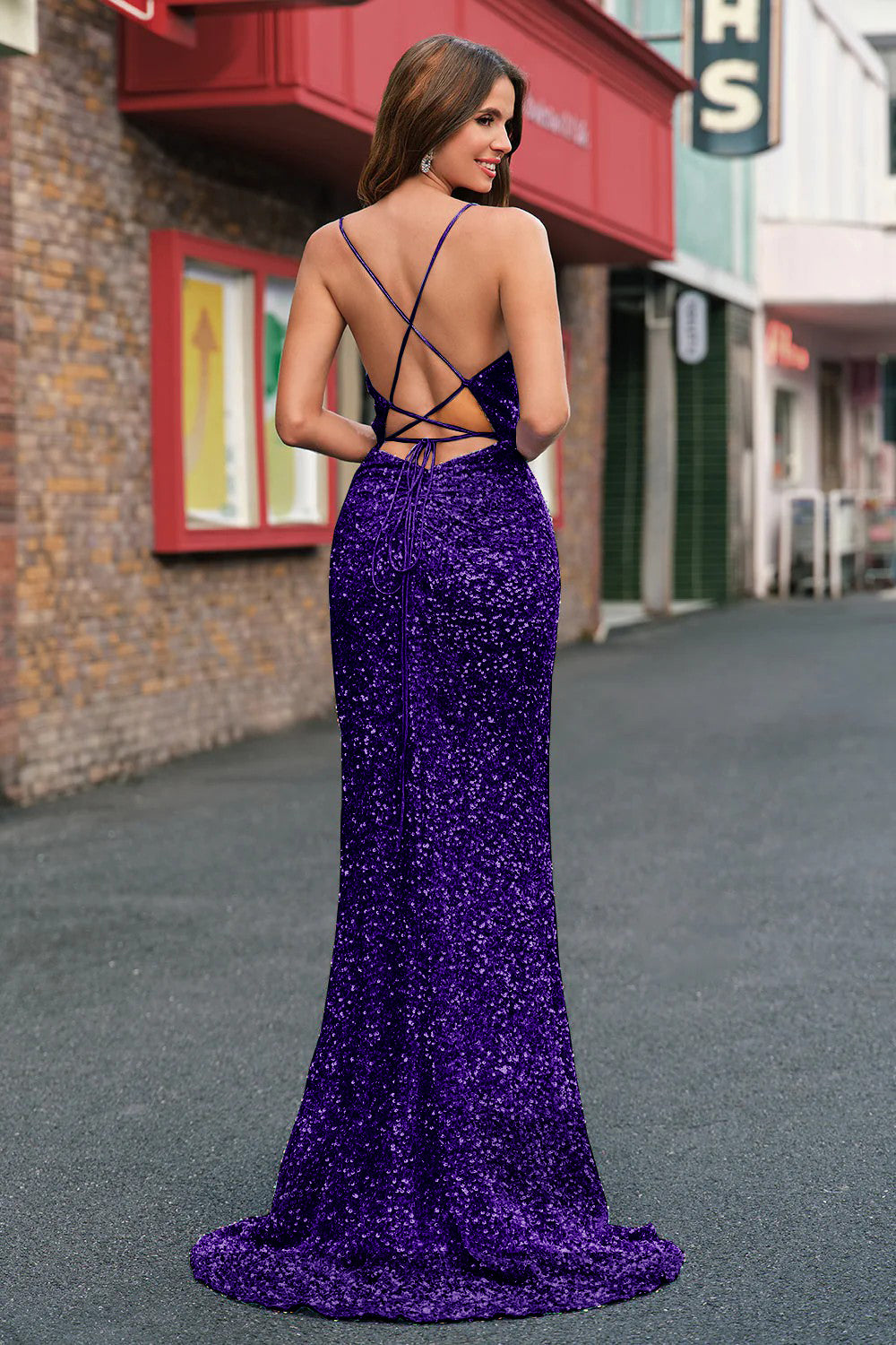 Robe de soirée sirène bleu clair à paillettes scintillantes et fente