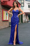 Robe de soirée sirène bleu clair à paillettes scintillantes et fente