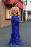 Robe de soirée sirène bleu clair à paillettes scintillantes et fente