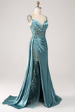 Sirène scintillante champagne Watteau Train Corset Paillettes Robe de soirée en satin avec fente