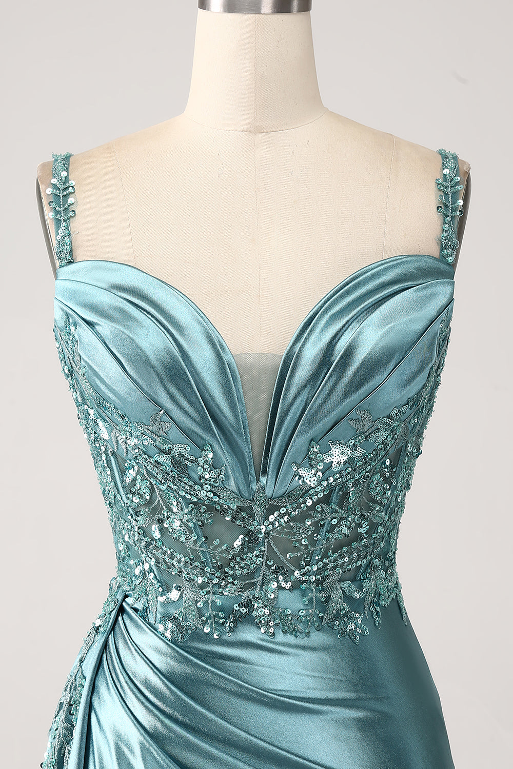 Sirène scintillante champagne Watteau Train Corset Paillettes Robe de soirée en satin avec fente