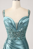 Sirène scintillante champagne Watteau Train Corset Paillettes Robe de soirée en satin avec fente
