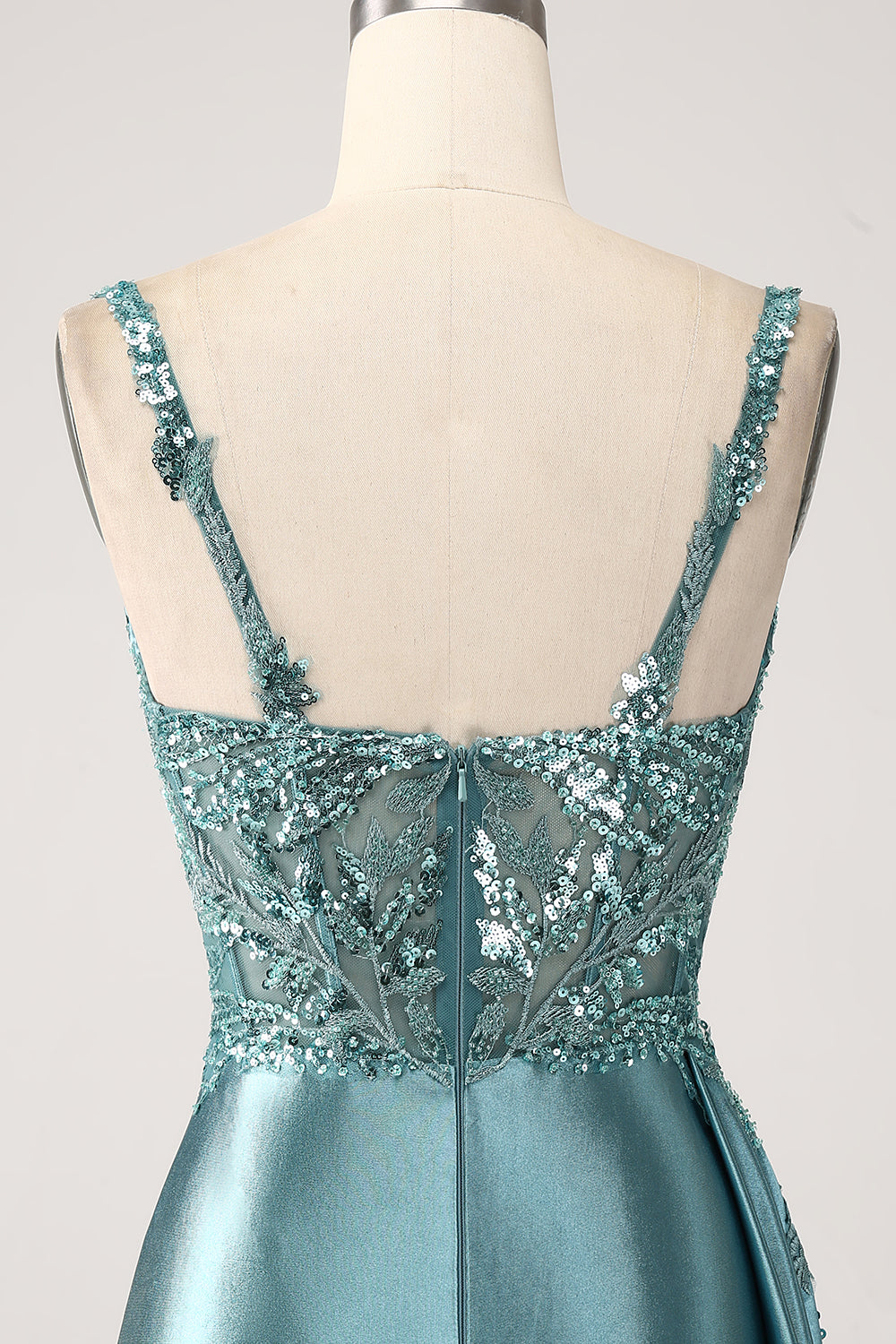 Sirène scintillante champagne Watteau Train Corset Paillettes Robe de soirée en satin avec fente