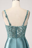 Sirène scintillante champagne Watteau Train Corset Paillettes Robe de soirée en satin avec fente