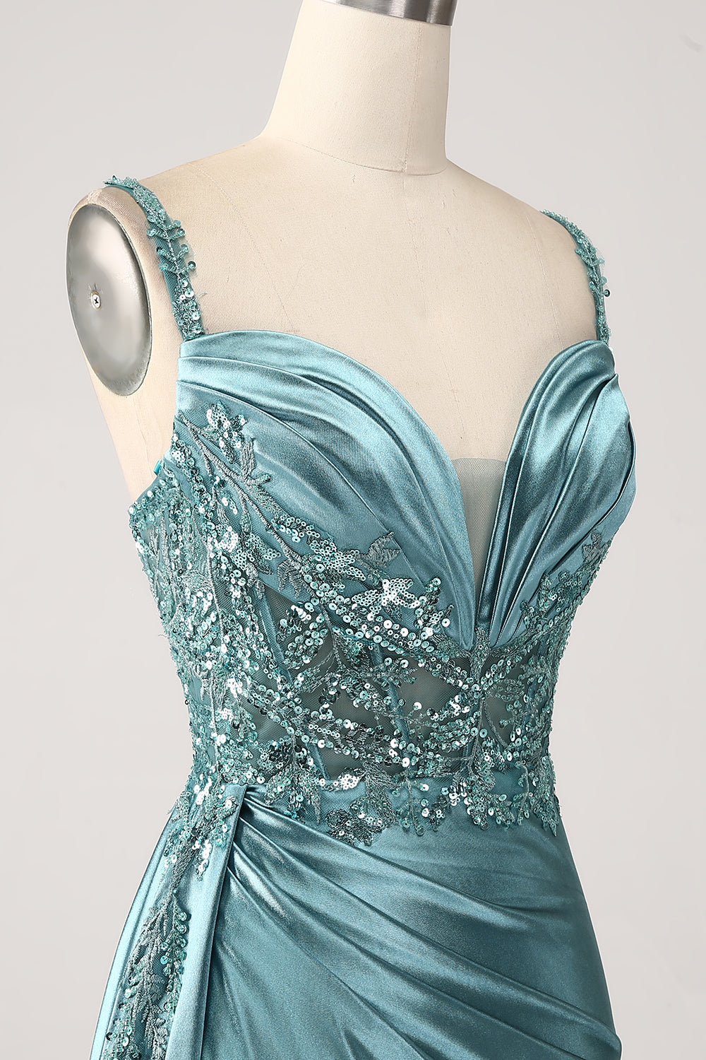 Sirène scintillante champagne Watteau Train Corset Paillettes Robe de soirée en satin avec fente