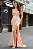Sirène champagne épaule dénudée Corset longue Robe de soirée avec fente