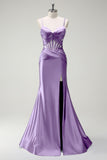 Sirène royale Spaghetti bretelles Satin Corset Robe de soirée longue avec fente