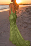 Robe longue de soirée sirène argentée scintillante dos nu