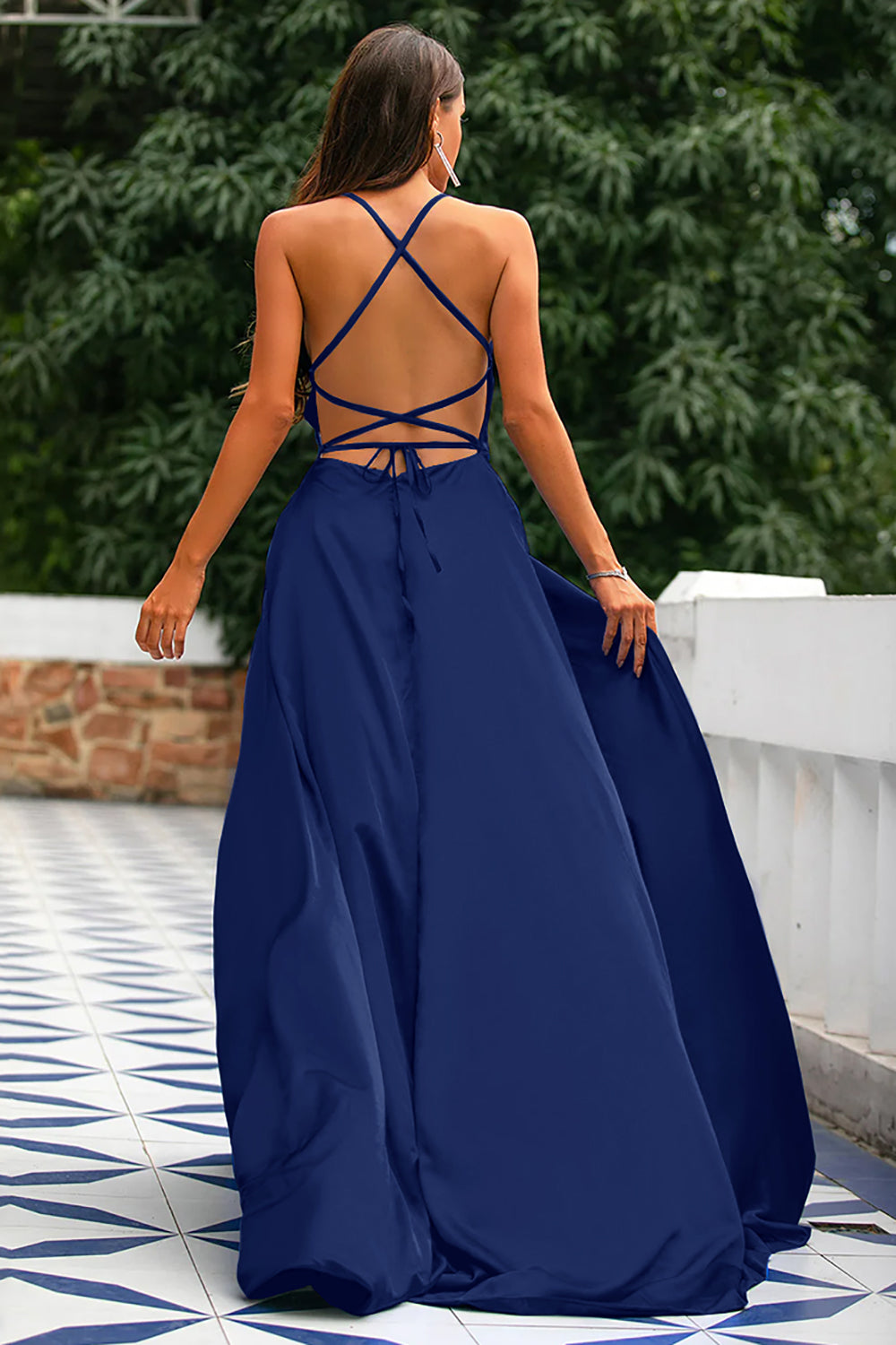 Robe A-ligne Bleu Royal Dos Nu en Satin