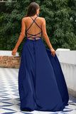 Robe A-ligne Bleu Royal Dos Nu en Satin