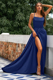 Robe A-ligne Bleu Royal Dos Nu en Satin