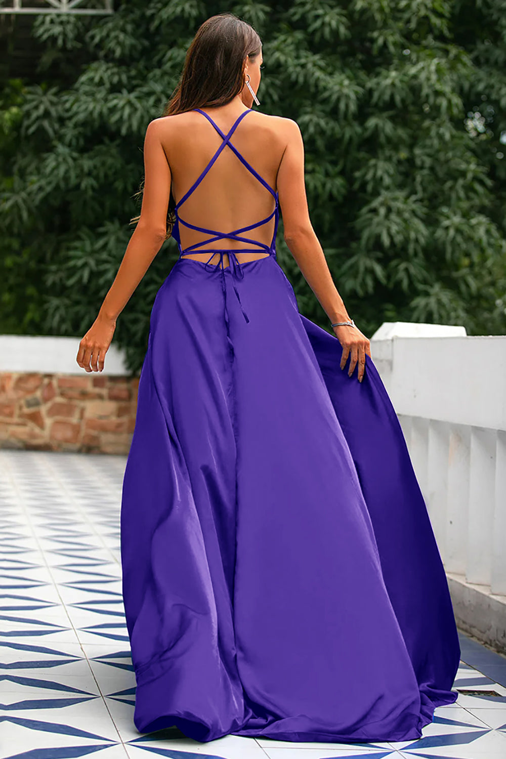 Robe A-ligne Bleu Royal Dos Nu en Satin