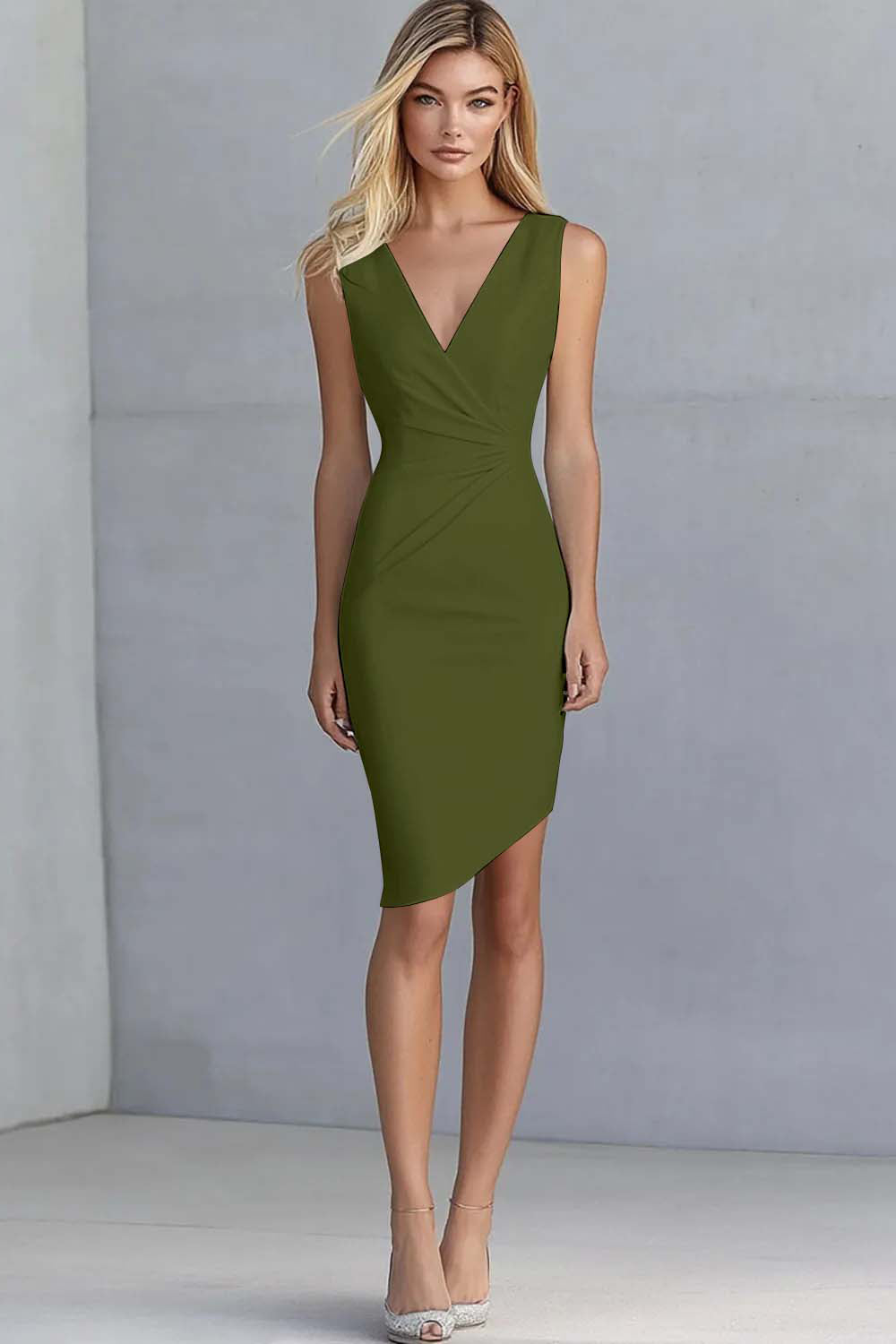 Robe de travail asymétrique moulante en satin ivoire à col en V