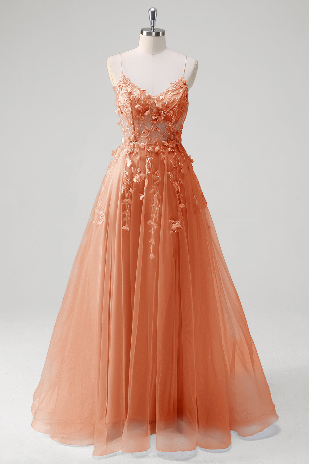 Une ligne tulle spaghetti bretelles corset applique bleu Robe De Soirée avec fente