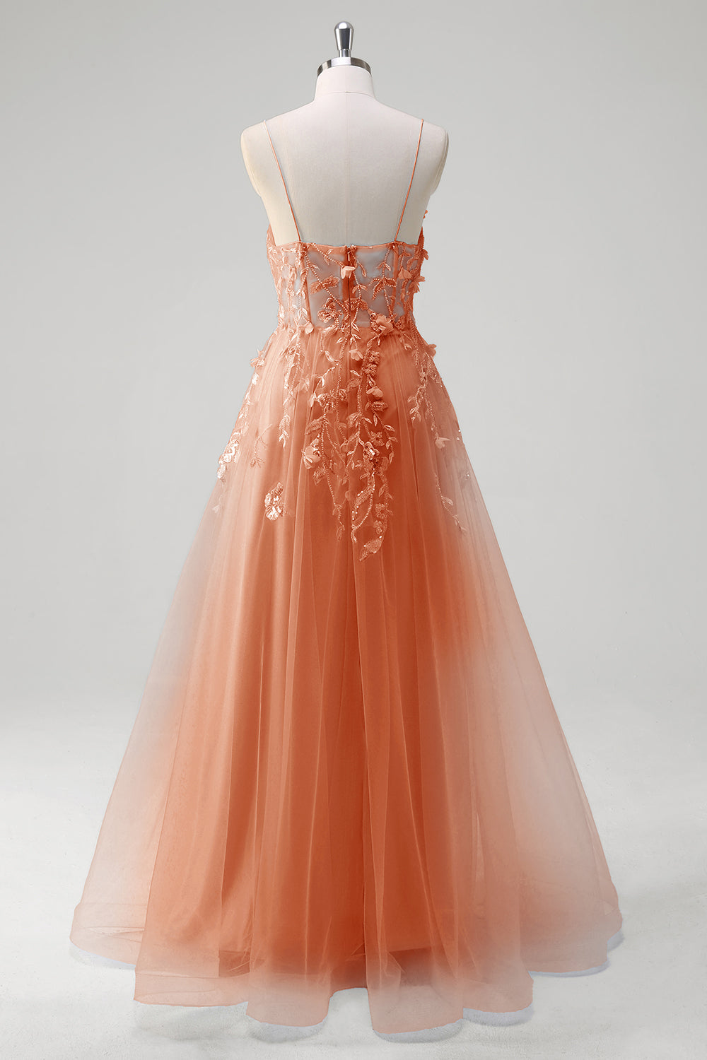 Une ligne tulle spaghetti bretelles corset applique bleu Robe De Soirée avec fente