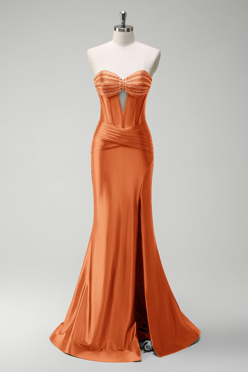 Robe de soirée longue en satin corset perlé vert foncé scintillant avec fente