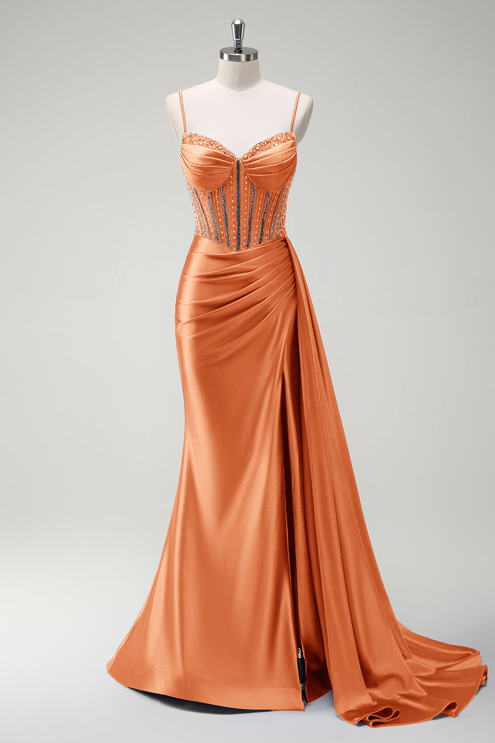 Sirène bleu royal scintillante perlée Corset froncé Robe de soirée longue en satin avec fente