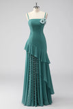 volants gris vert spaghetti bretelles fourreau robe d’invité de mariage