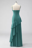 volants gris vert spaghetti bretelles fourreau robe d’invité de mariage