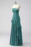 volants gris vert spaghetti bretelles fourreau robe d’invité de mariage