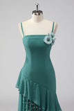 volants gris vert spaghetti bretelles fourreau robe d’invité de mariage
