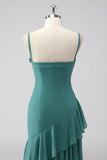 volants gris vert spaghetti bretelles fourreau robe d’invité de mariage
