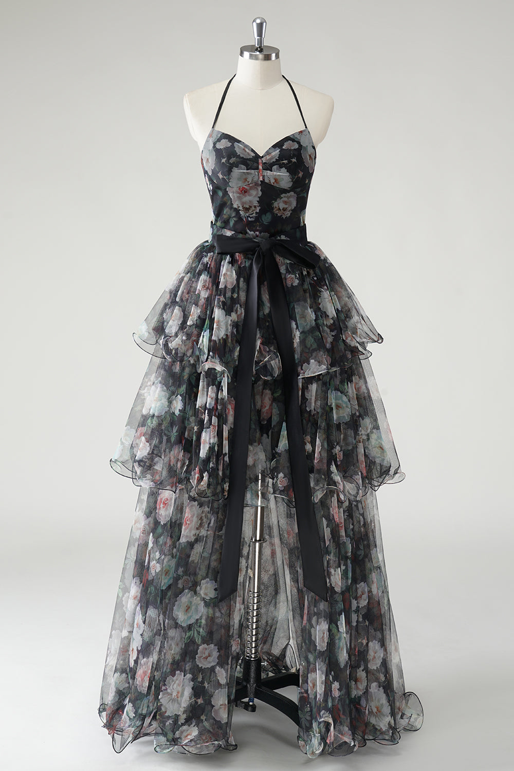 Robe d’invitée de mariage florale dos nu noir à plusieurs niveaux avec ourlet amovible