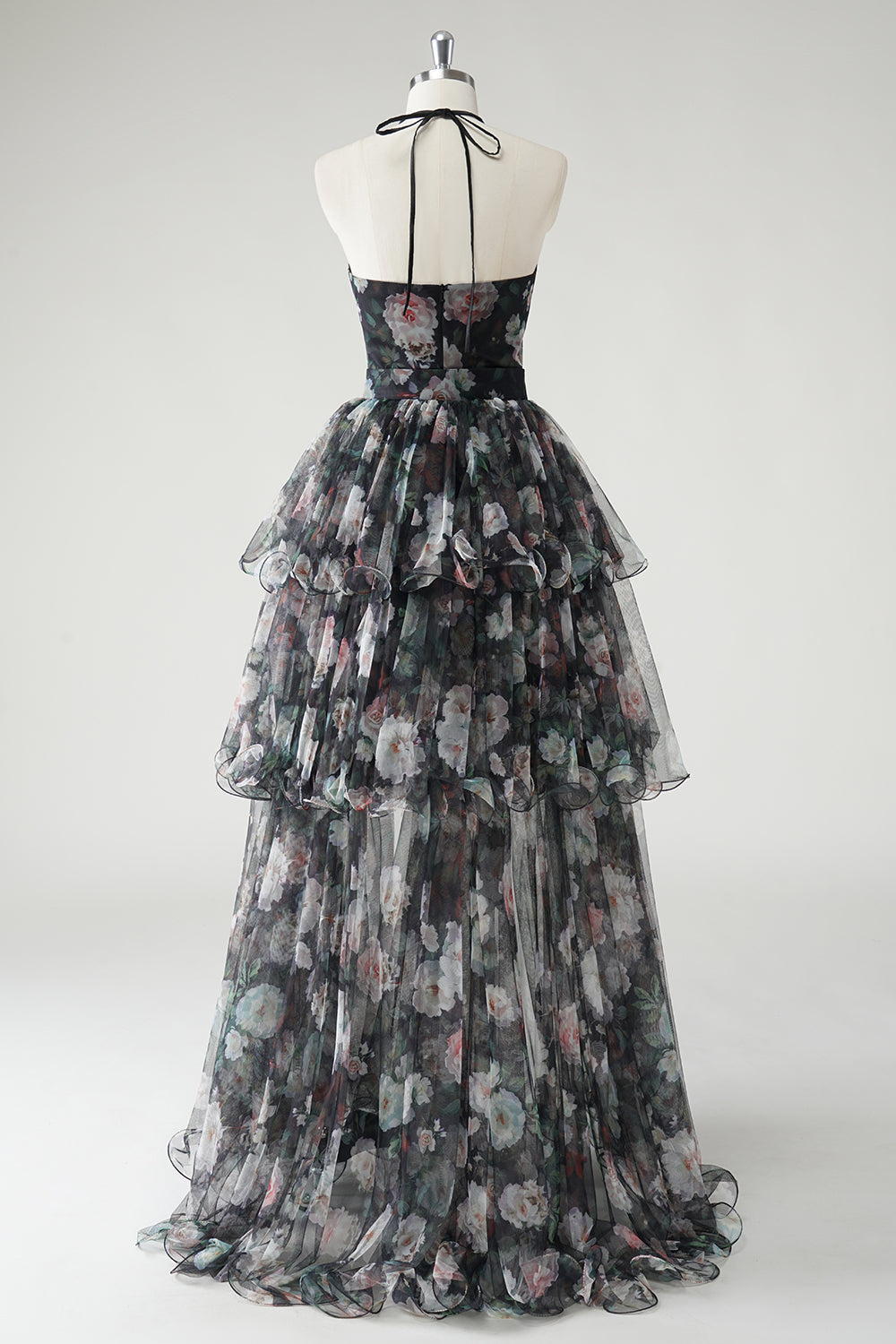 Robe d’invitée de mariage florale dos nu noir à plusieurs niveaux avec ourlet amovible