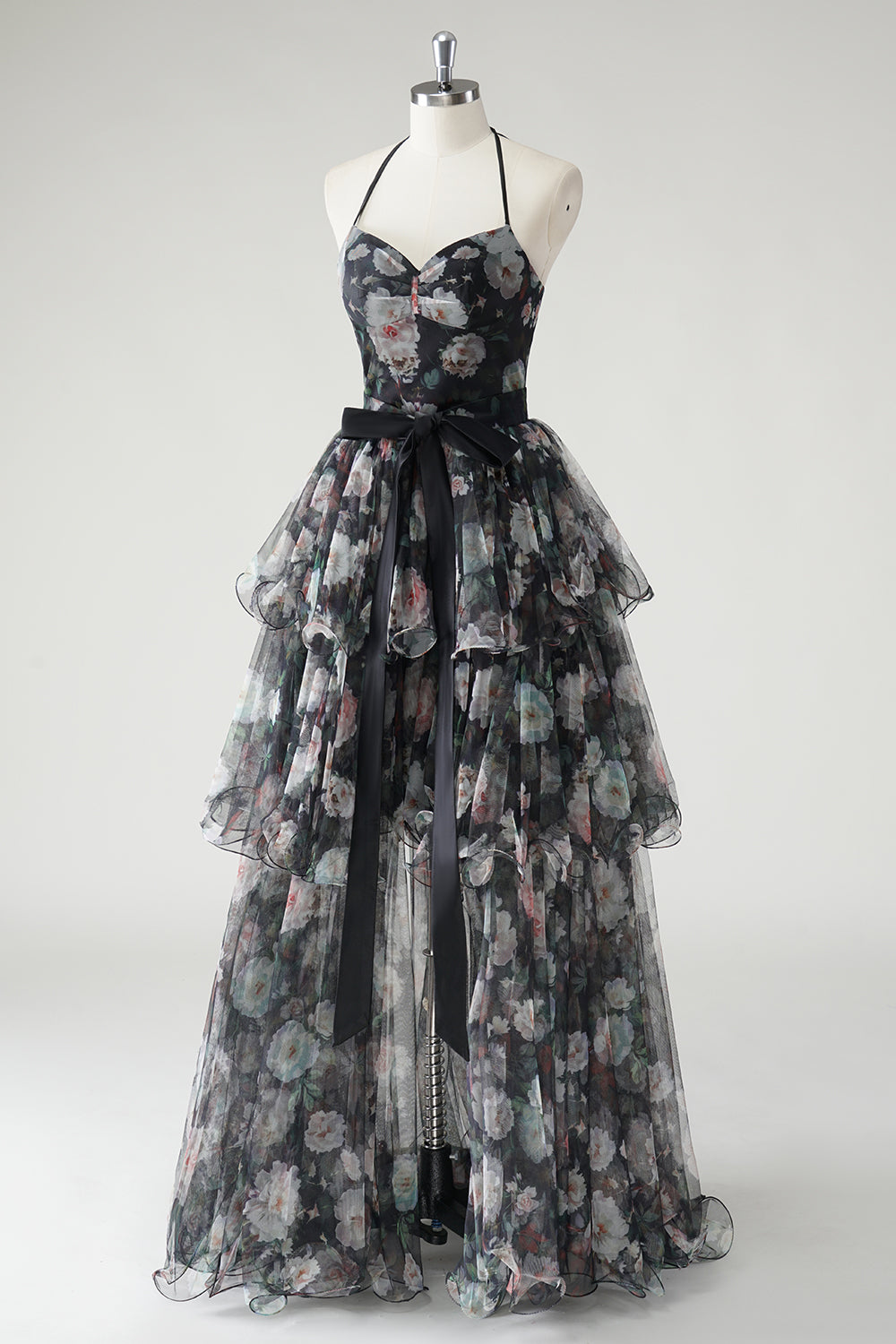 Robe d’invitée de mariage florale dos nu noir à plusieurs niveaux avec ourlet amovible
