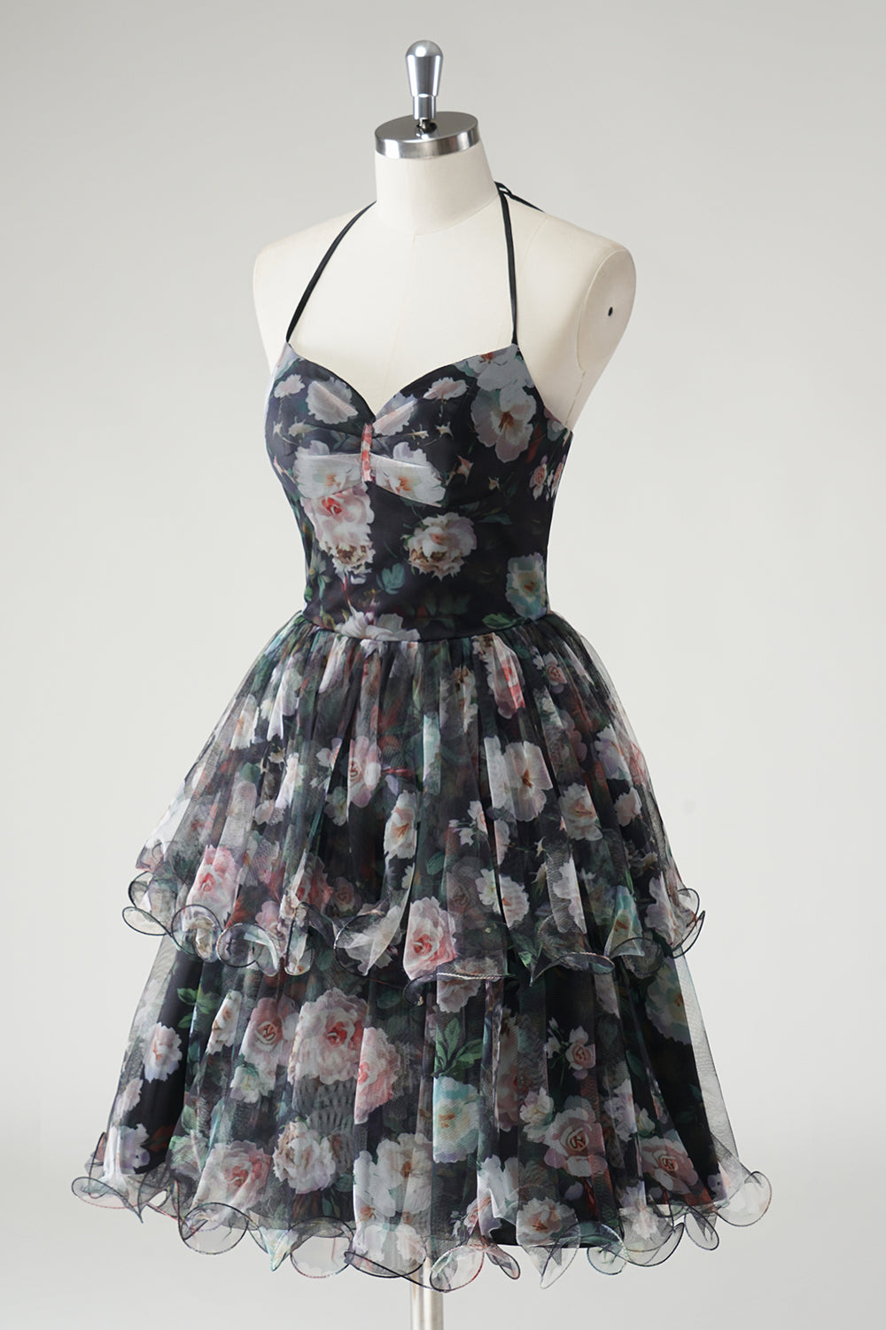 Robe d’invitée de mariage florale dos nu noir à plusieurs niveaux avec ourlet amovible