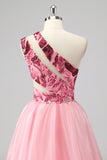 Rose Une Épaule Creuse Une Ligne Appliques Robe de soirée