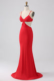 Bretelles spaghetti sirène dos nu rouge robe de bal