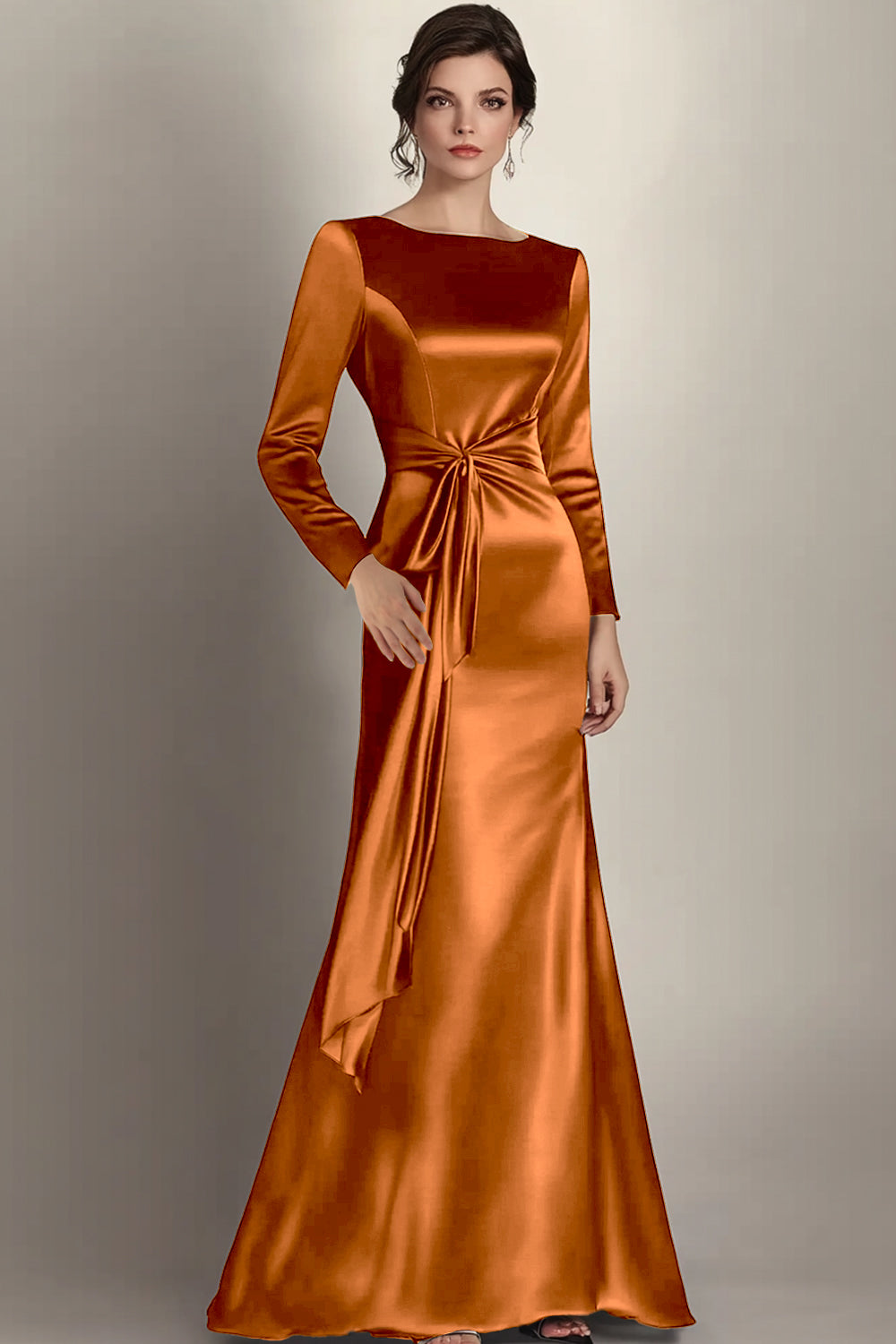 Sirène noire manches longues satin froncé longue mère de la mariée robe