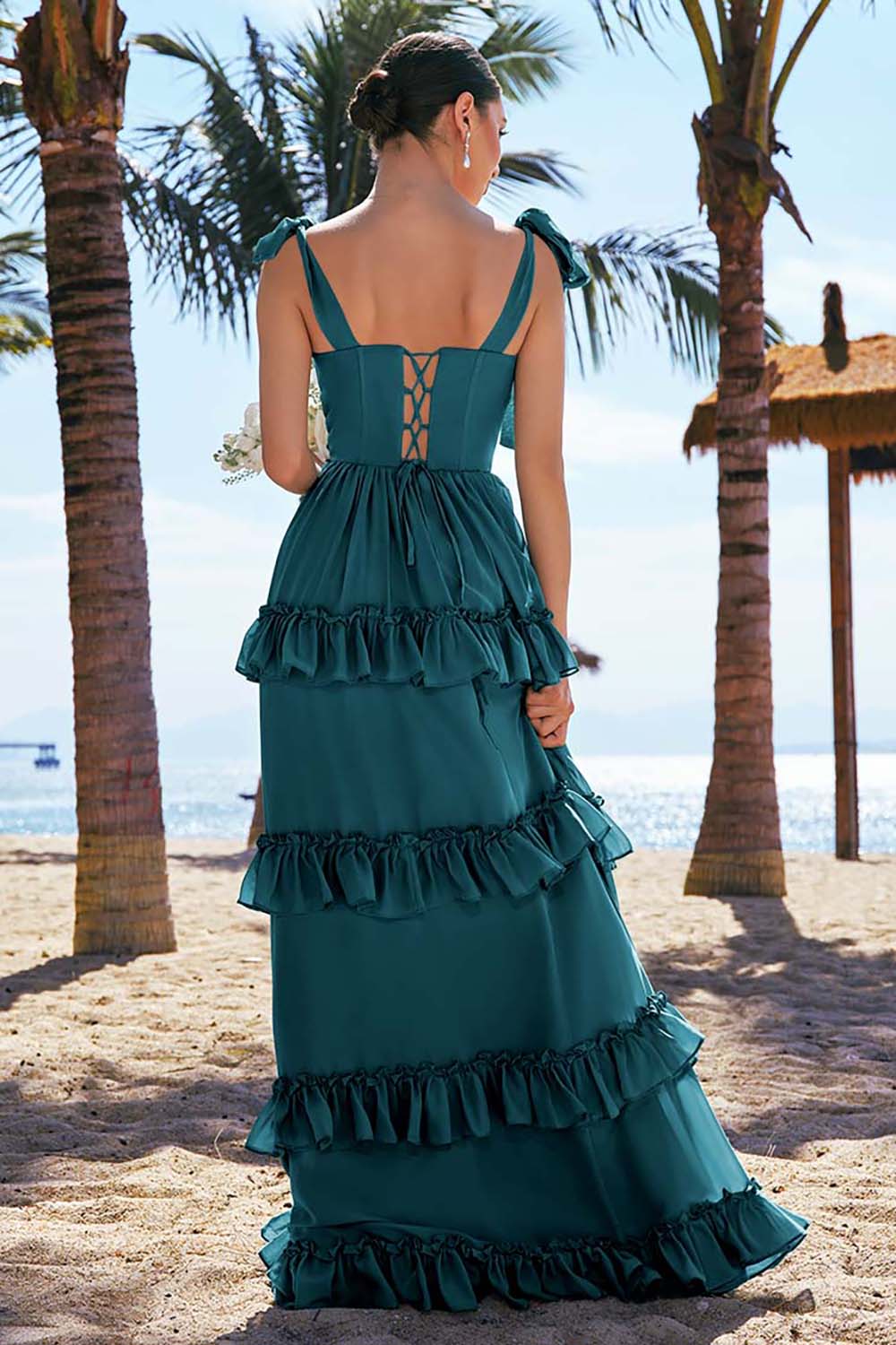 Eucalyptus A-ligne noeud papillon bretelles Corset Mousseline de soie Longue robe de demoiselle d’honneur avec fente