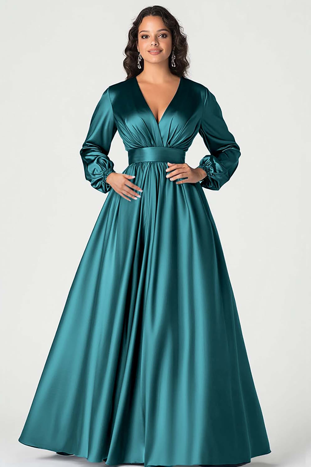 Robe de mère de mariée en satin gris bleu col V à manches longues