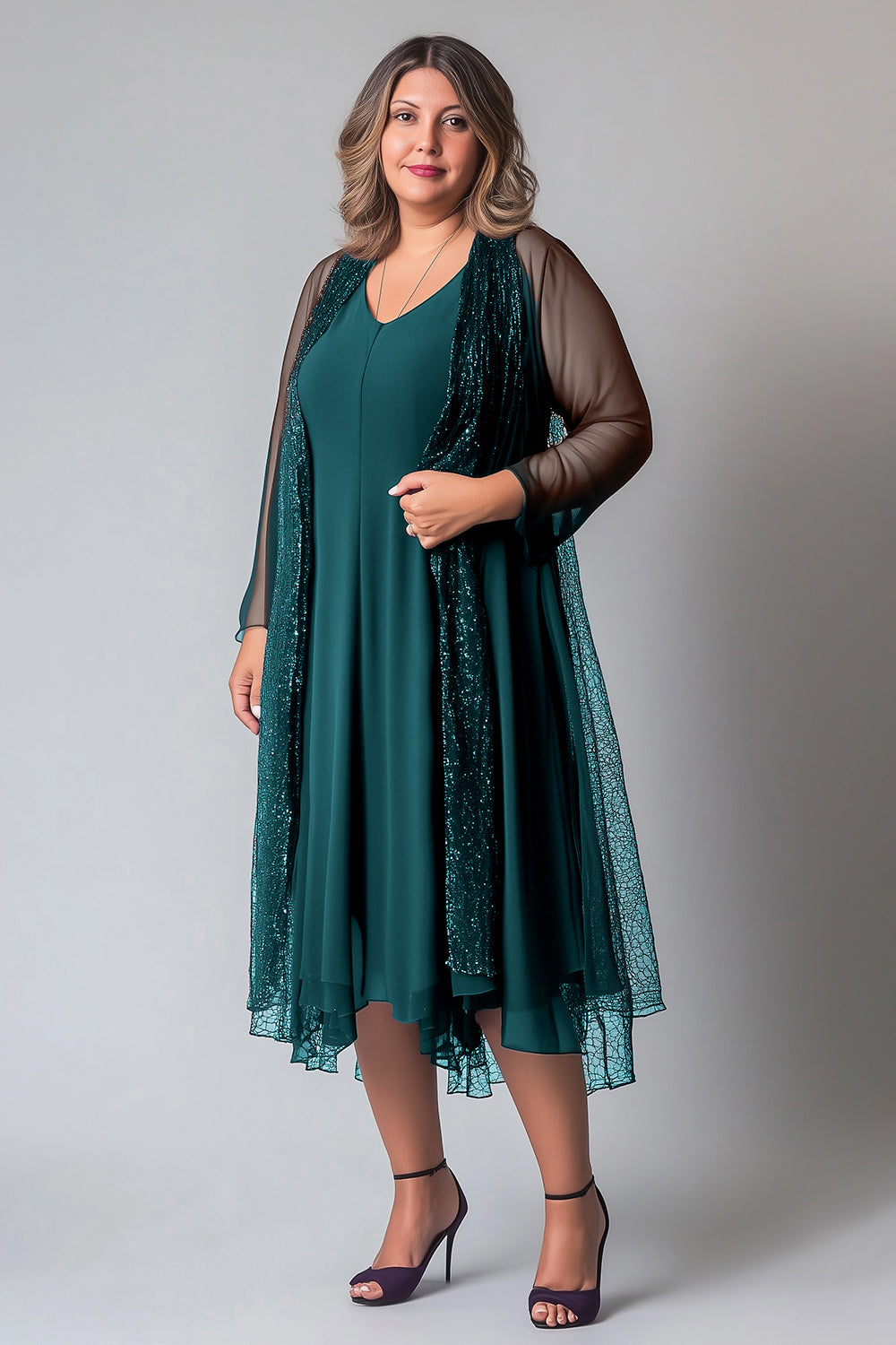 Mousseline de soie violette scintillante Une ligne V Col Manches longues Mère de la mariée Robe