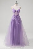 Une ligne tulle spaghetti bretelles corset applique bleu Robe De Soirée avec fente